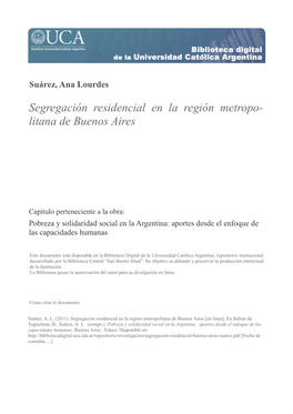 Segregación Residencial En La Región Metropolitana De Buenos Aires [En Línea]