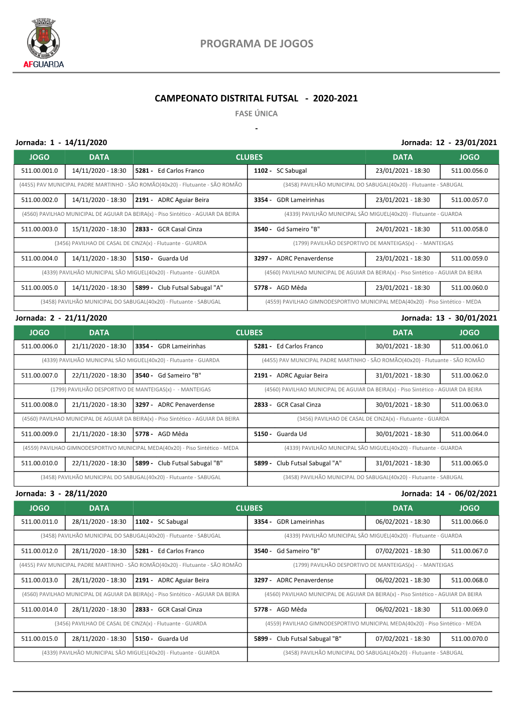 Calendário CD Seniores Futsal