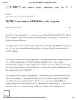 Reuters: FACEIT, Visa Announce $450000 Esports Program