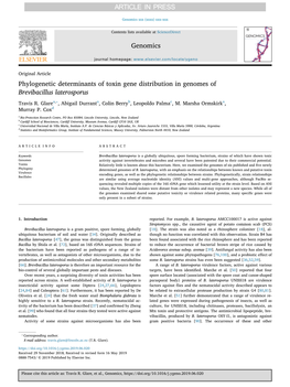 Phylogenetic Determinants of Toxin Gene Distribution in Genomes of Brevibacillus Laterosporus ⁎ Travis R