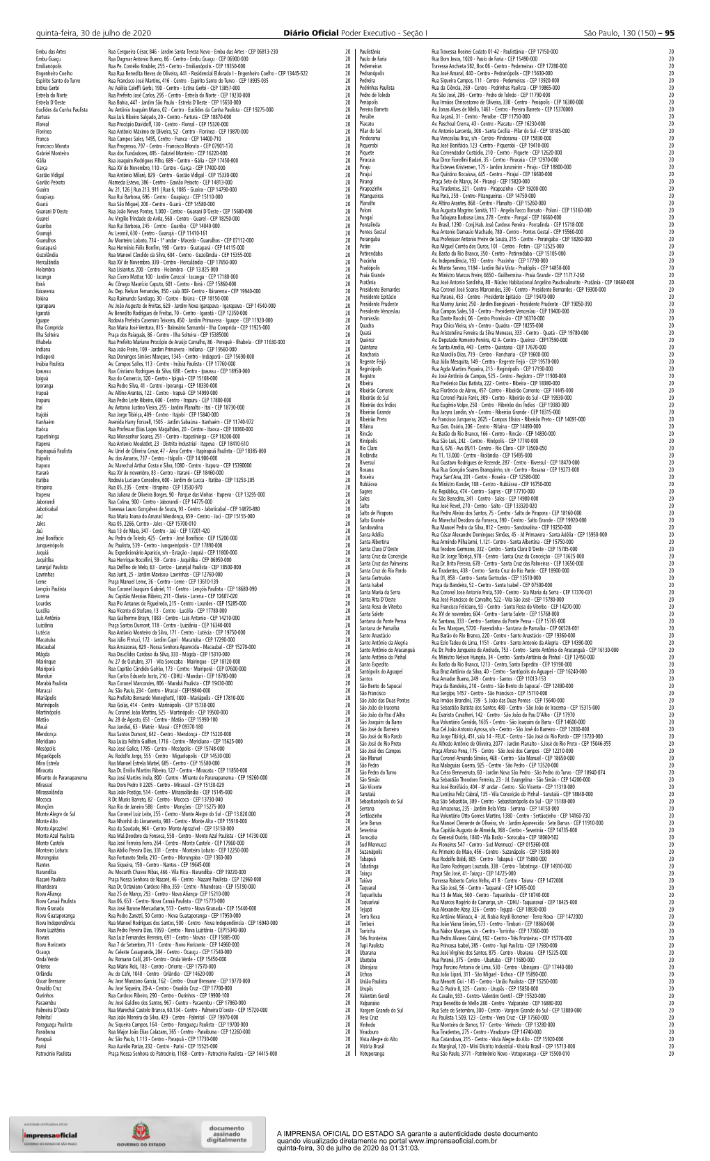 Quinta-Feira, 30 De Julho De 2020 Diário Oficial Poder Executivo