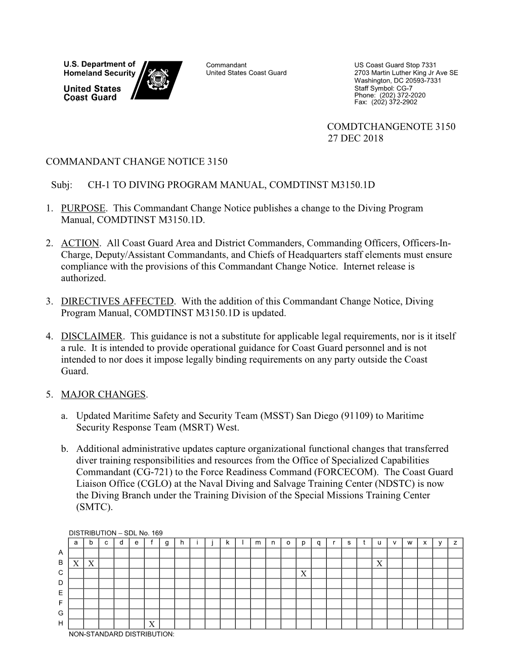 Ch-1 to Diving Program Manual, Comdtinst M3150.1D