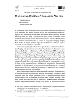 Q, Memory and Matthew: a Response to Alan Kirk