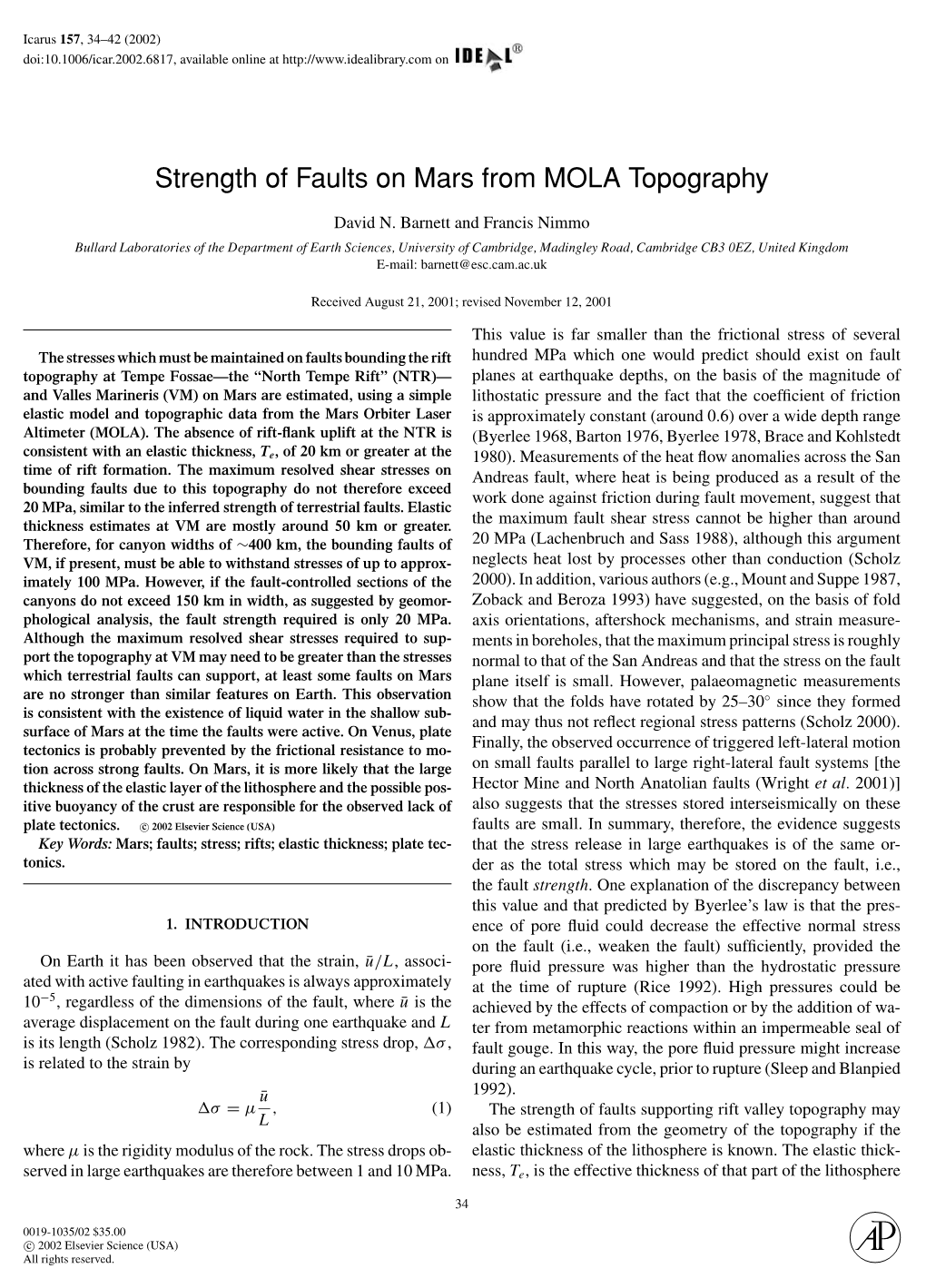 Strength of Faults on Mars from MOLA Topography