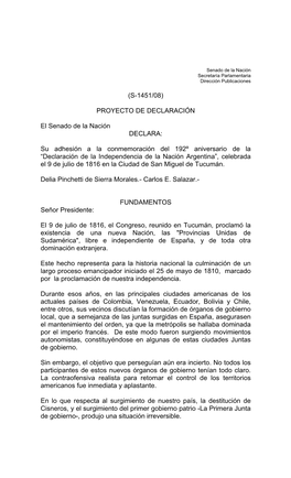 (S-1451/08) PROYECTO DE DECLARACIÓN El Senado De La