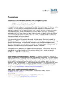 Press Release International Airlines Support Germania Passengers