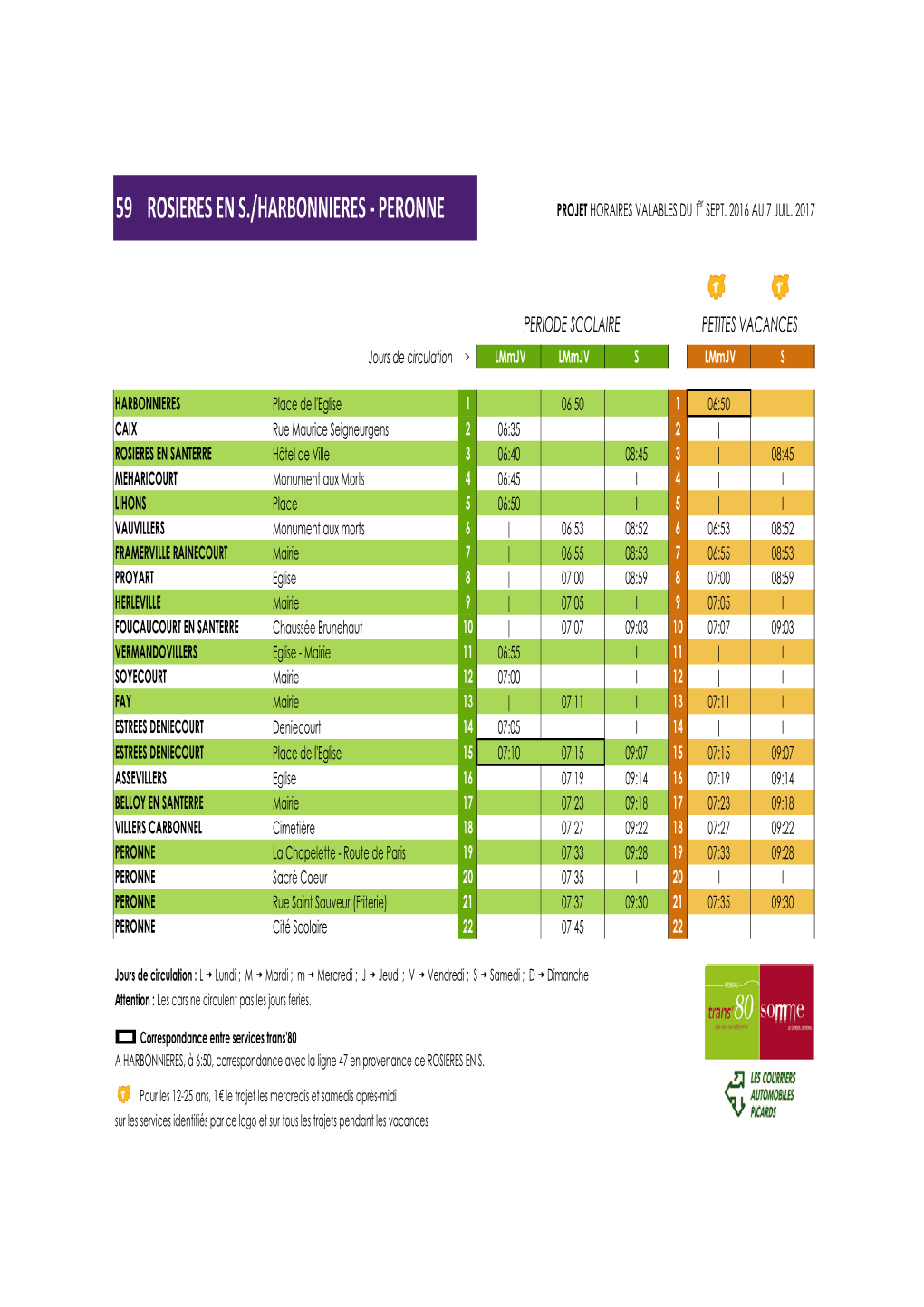 59 ROSIERES EN S./HARBONNIERES - PERONNE PROJET HORAIRES VALABLES DU 1Er SEPT