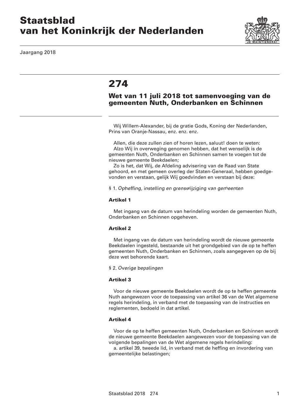 274 Staatsblad Van Het Koninkrijk Der Nederlanden