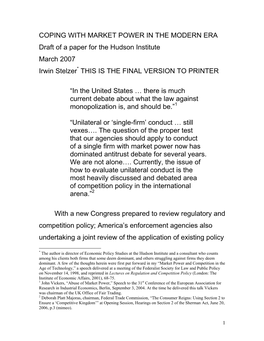 COPING with MARKET POWER in the MODERN ERA Draft of a Paper for the Hudson Institute March 2007 Irwin Stelzer* THIS IS the FINAL VERSION to PRINTER