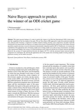 Naive Bayes Approach to Predict the Winner of an ODI Cricket Game