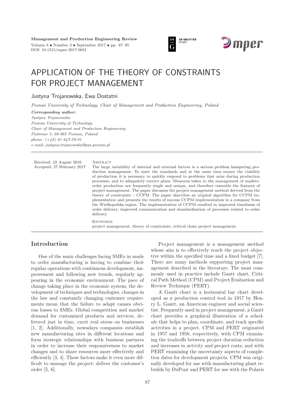 Application of the Theory of Constraints for Project Management