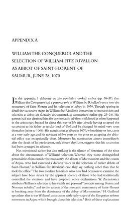 Appendix a William the Conqueror and the Selection Ofwilliam Fitz Rivallon As Abbot of Saint-Florent of Saumur,June 28, 1070
