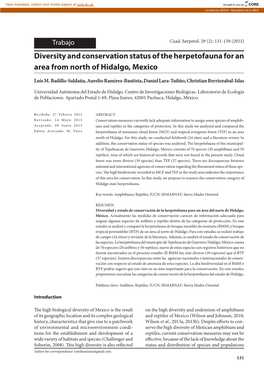 Diversity and Conservation Status of the Herpetofauna for an Area from North of Hidalgo, Mexico