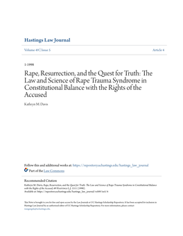 Rape, Resurrection, and the Quest for Truth: the Law and Science of Rape Trauma Syndrome in Constitutional Balance with the Rights of the Accused Kathryn M