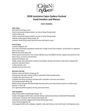 2018 Louisiana Cajun-Zydeco Festival Food Vendors and Menus