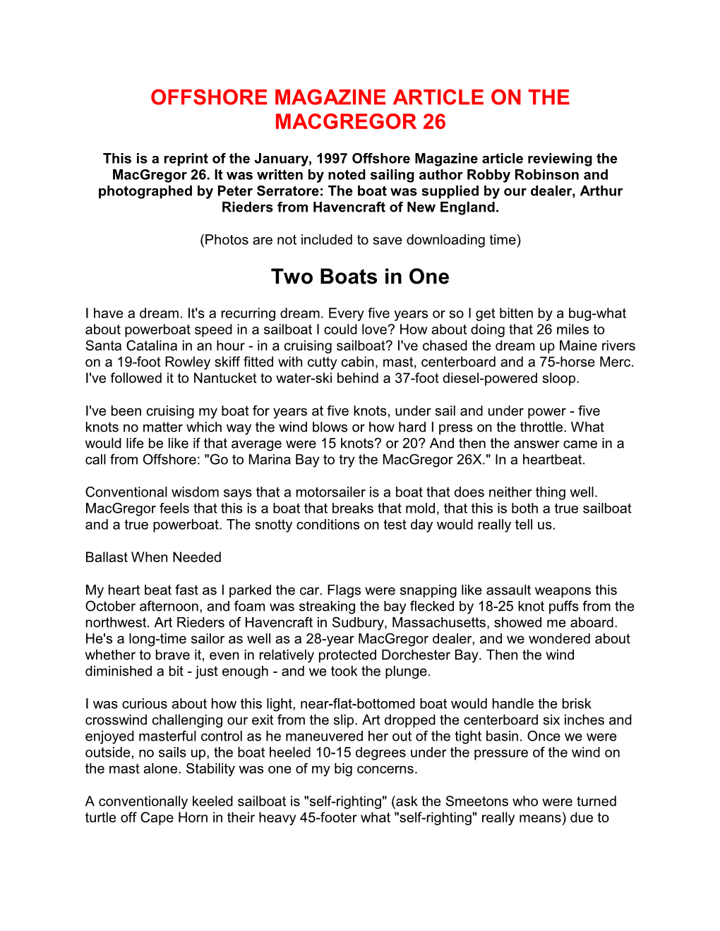 OFFSHORE MAGAZINE ARTICLE on the MACGREGOR 26 Two Boats