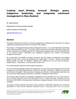 Looking Back…Thinking Forward: Dialogic Space, Indigenous Leadership, and Integrated Catchment Management in New Zealand