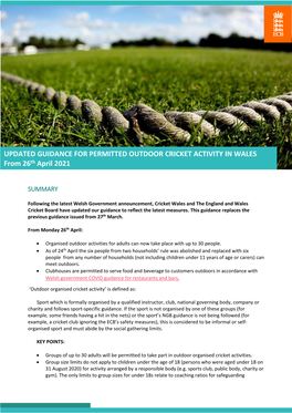 UPDATED GUIDANCE for PERMITTED OUTDOOR CRICKET ACTIVITY in WALES Th from 26 April 2021