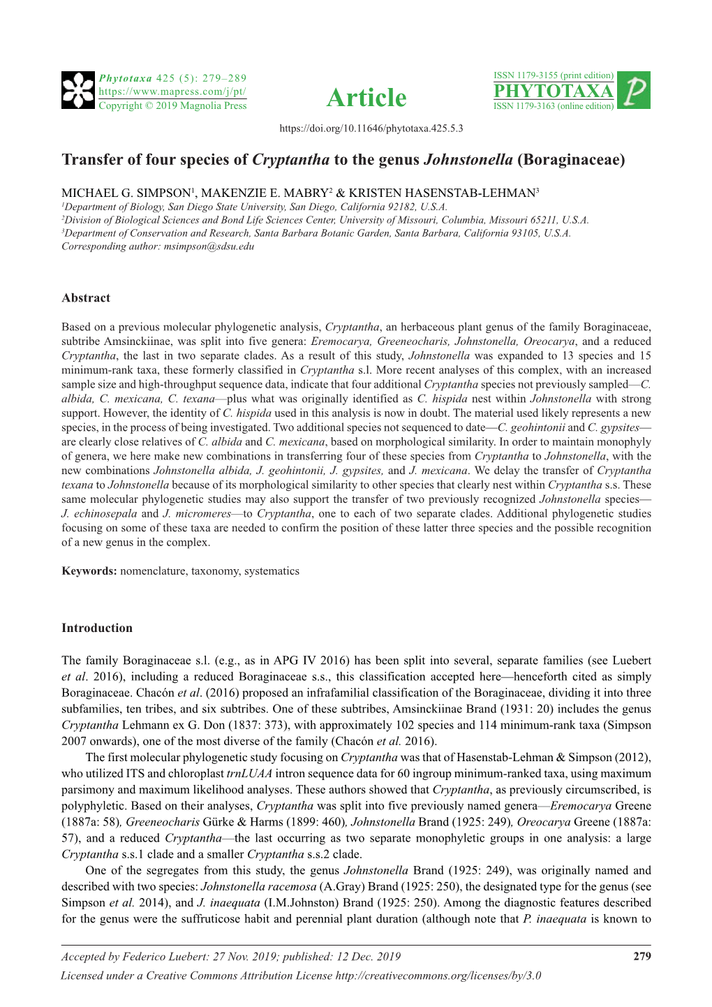 Transfer of Four Species of Cryptantha to the Genus Johnstonella (Boraginaceae)