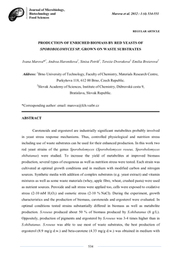 Production of Enriched Biomass by Red Yeasts of Sporobolomyces Sp. Grown on Waste Substrates