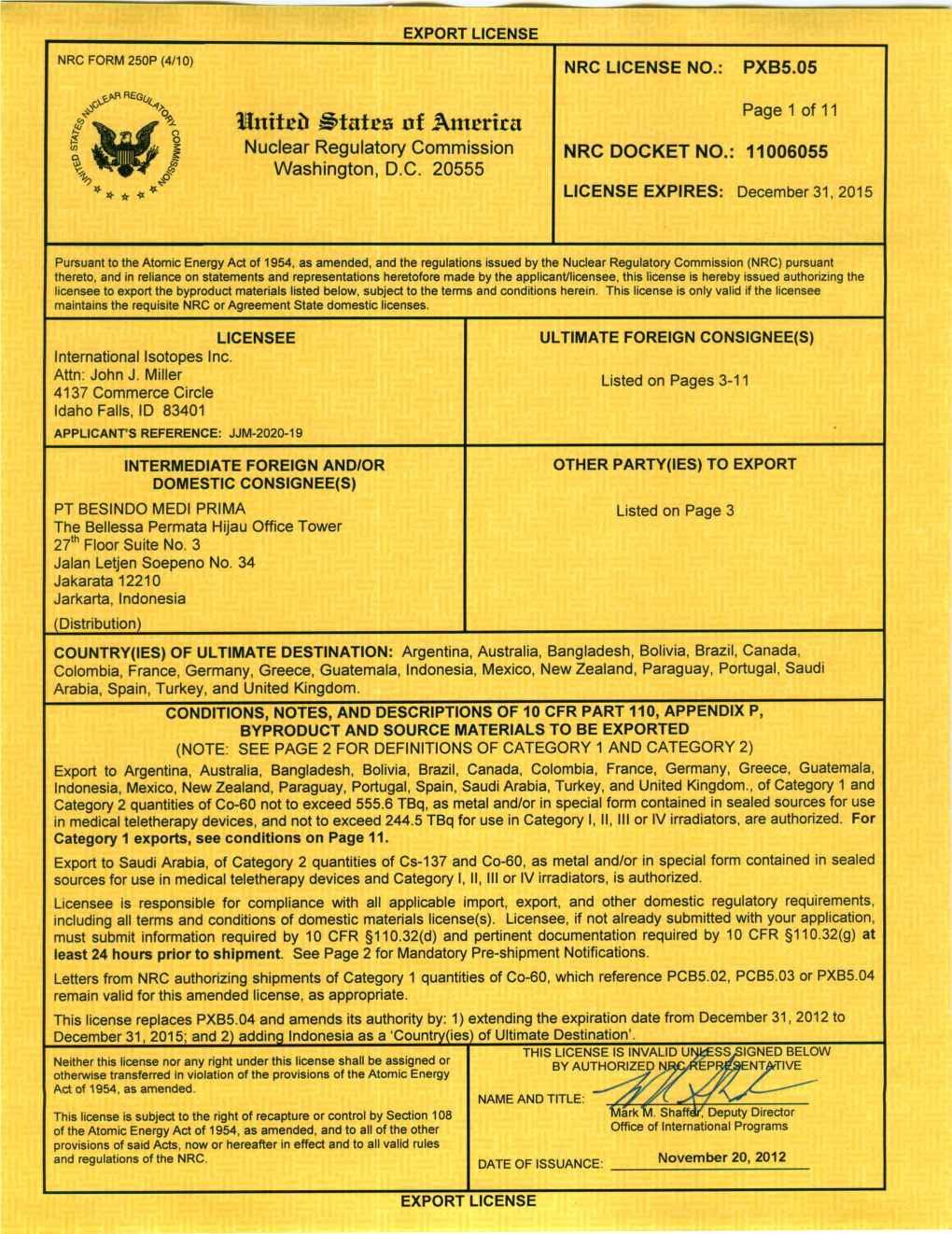 Export License Issued to International Isotopes, Inc. November 20, 2012