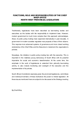 Functions, Role and Responsibilities of the Chief Whip Office North West Provincial Legislature