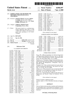 United States Patent (19) 11 Patent Number: 6,046,187 Berde Et Al