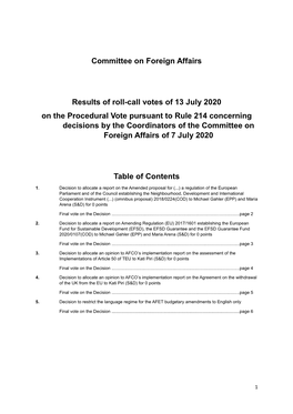 Committee on Foreign Affairs Results of Roll-Call Votes of 13 July 2020 on the Procedural Vote Pursuant to Rule 214 Concerning
