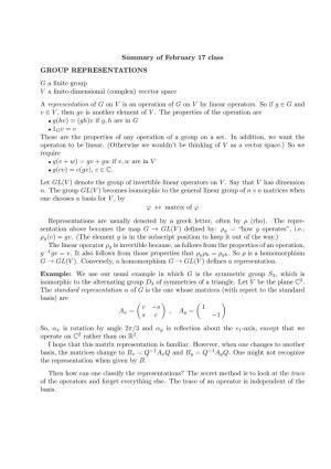 Summary of February 17 Class GROUP REPRESENTATIONS G A