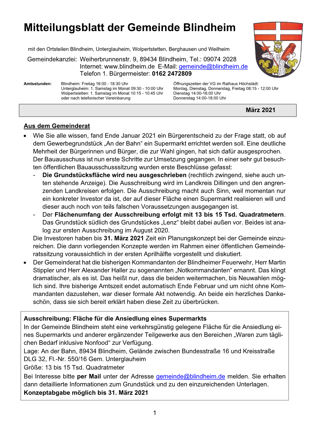 Mitteilungsblatt Der Gemeinde Blindheim