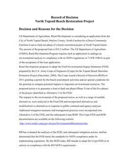 Record of Decision North Topsail Beach Restoration Project