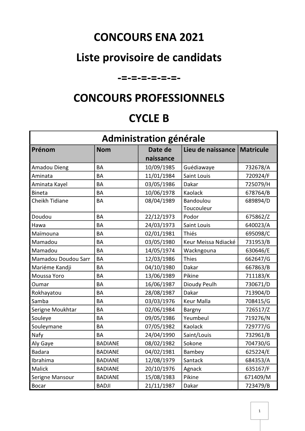 Concours Professionnels Cycle B