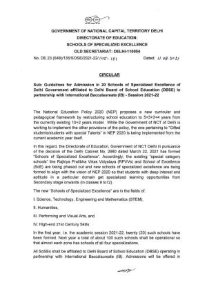 Guidelines for Admission in 20 Schools of Specialized Excellence