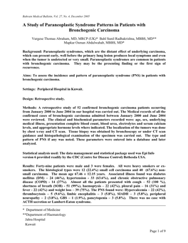 A Study of Paraneoplastic Syndrome Patterns in Patients with Bronchogenic Carcinoma