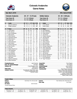 Colorado Avalanche Game Notes