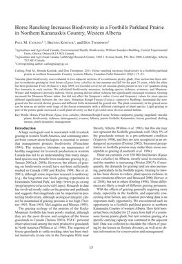 Horse Ranching Increases Biodiversity in a Foothills Parkland Prairie in Northern Kananaskis Country, Western Alberta