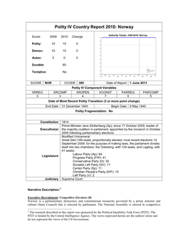 Polity IV Country Report 2010: Norway