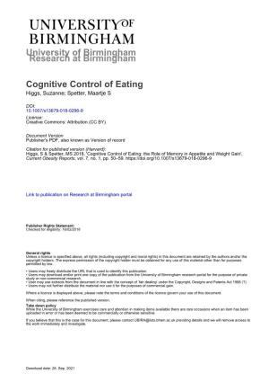 Cognitive Control of Eating Higgs, Suzanne; Spetter, Maartje S