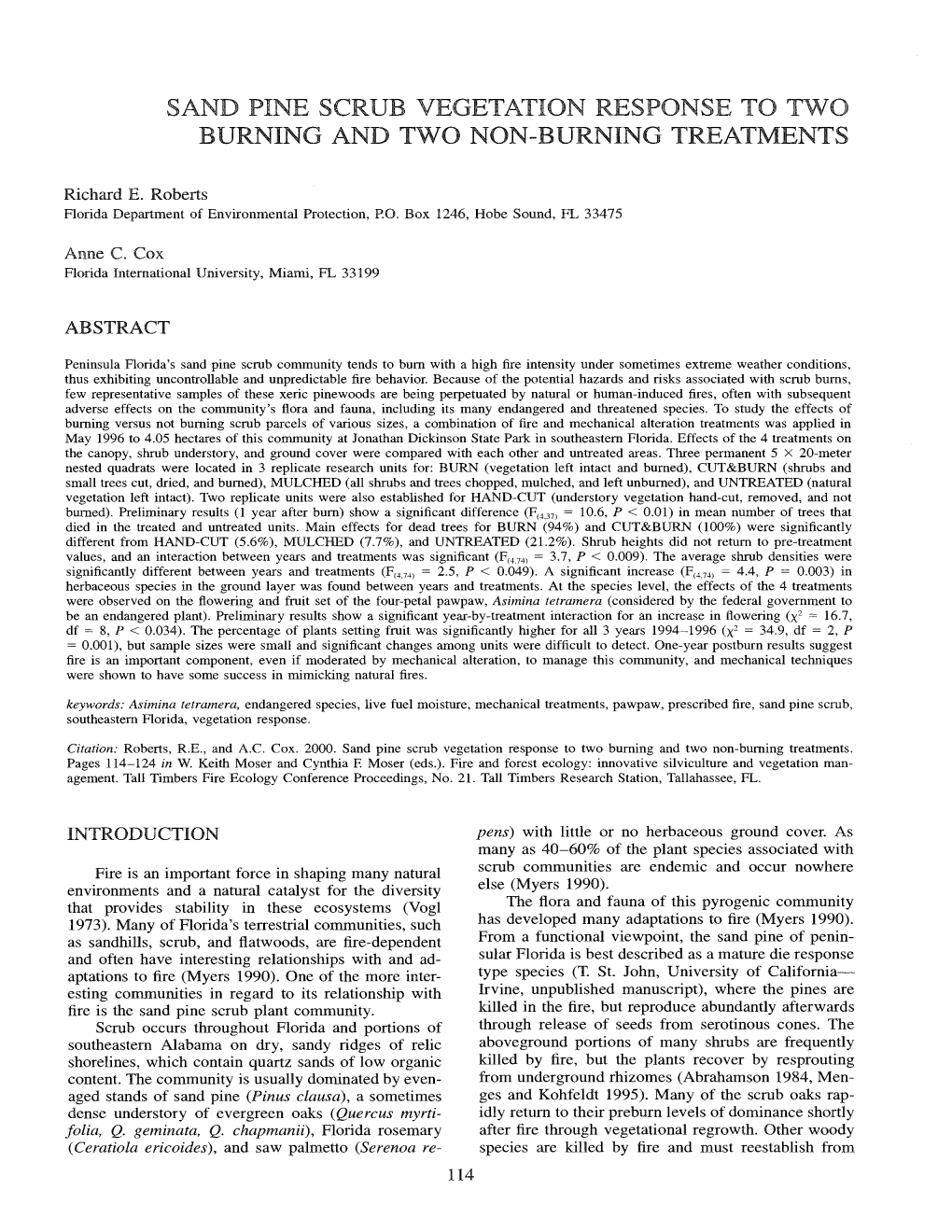 Sand Pine Scrub Vegetation Response to Two Burning and Two Non-Burning Treatments