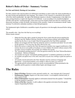 Robert's Rules of Order - Summary Version