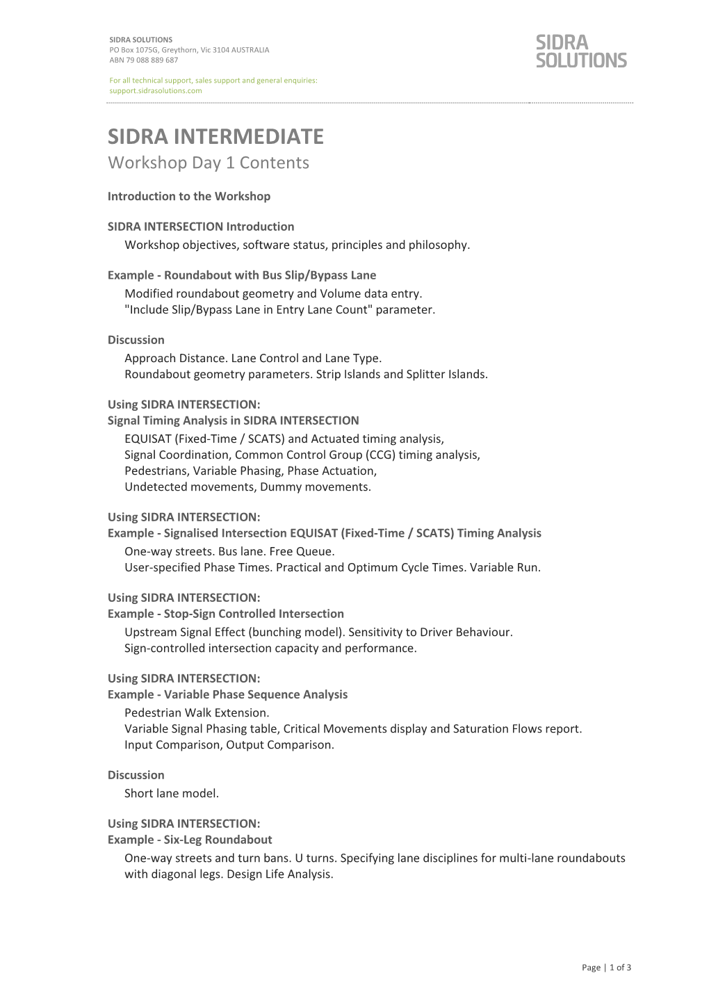SIDRA INTERSECTION BEGINNER Workshop Contents