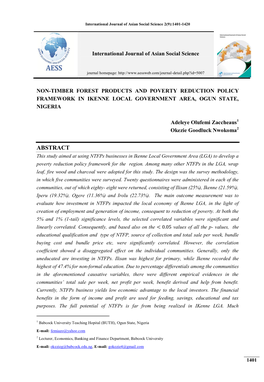 ABSTRACT This Study Aimed at Using Ntfps Businesses in Ikenne Local Government Area (LGA) to Develop a Poverty Reduction Policy Framework for the Region