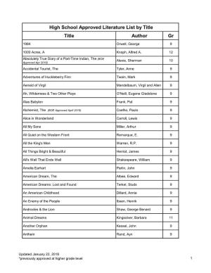 Title Author Gr High School Approved Literature List by Title