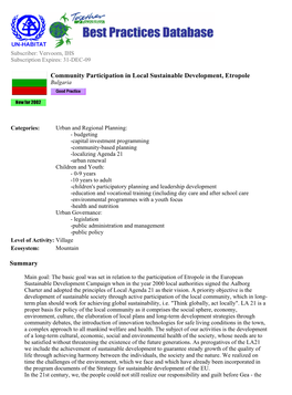 Summary Community Participation in Local Sustainable Development, Etropole
