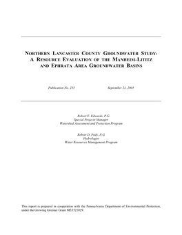 Northern Lancaster County Groundwater Study: a Resource Evaluation of the Manheim–Lititz and Ephrata Area Groundwater Basins
