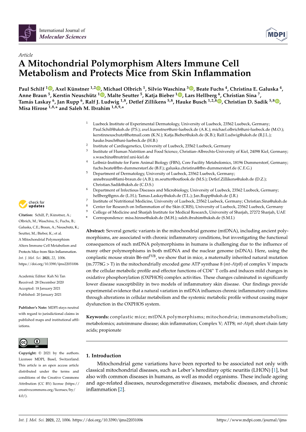 A Mitochondrial Polymorphism Alters Immune Cell Metabolism and Protects Mice from Skin Inﬂammation