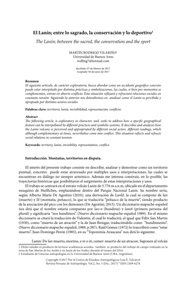 El Lanín; Entre Lo Sagrado, La Conservación Y Lo Deportivo1 the Lanín; Between the Sacred, the Conservation and the Sport