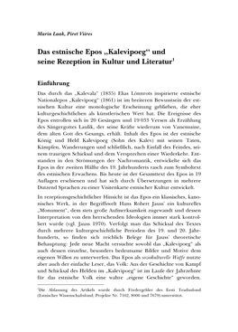 Das Estnische Epos „Kalevipoeg“ Und Seine Rezeption in Kultur Und Literatur1