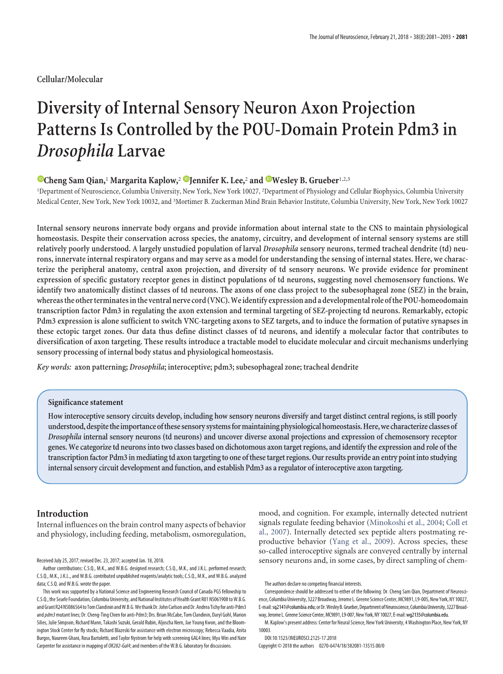 Diversity of Internal Sensory Neuron Axon Projection Patterns Is Controlled by the POU-Domain Protein Pdm3 in Drosophila Larvae