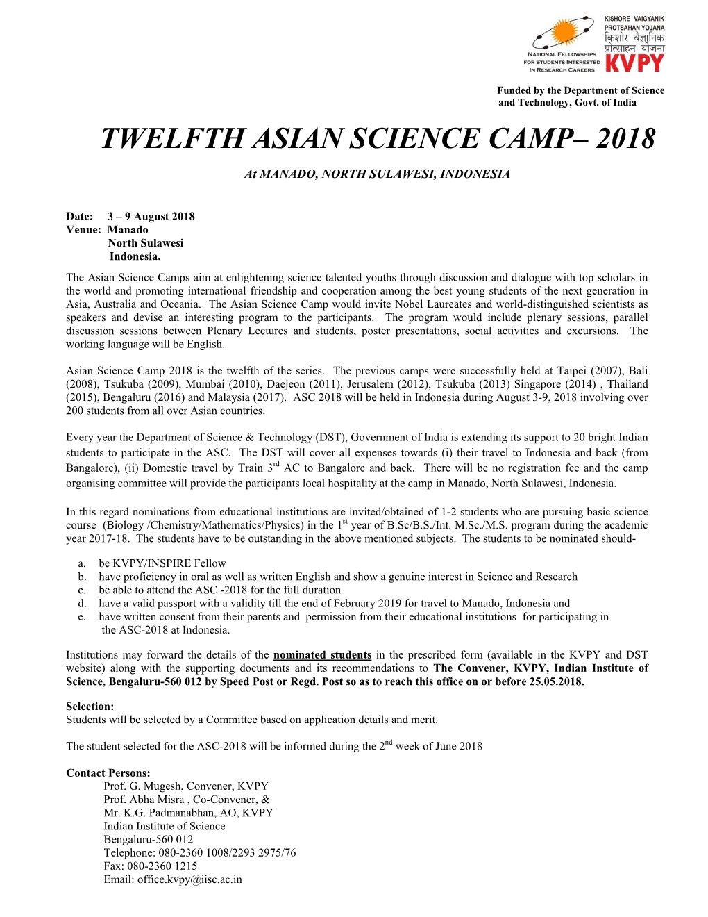 TWELFTH ASIAN SCIENCE CAMP– 2018 at MANADO, NORTH SULAWESI, INDONESIA